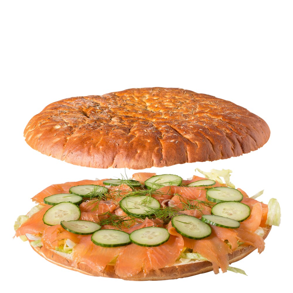 broodtaart van focaccia met gerookte zalm